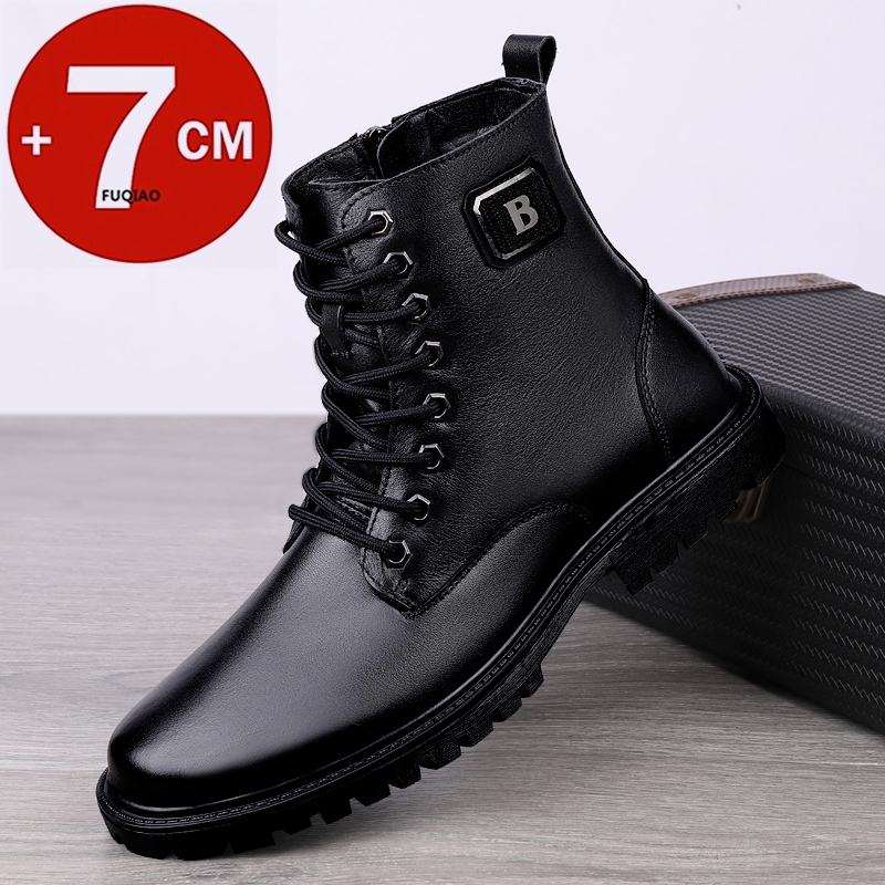 Men'S Shoes Dress Casual - メンズ本革エレベーターブーツ 冬用暖かい裏地付きジップアップアンクルブーツ 7cm隠し身長アップ ビジネスフォーマルカジュアル用