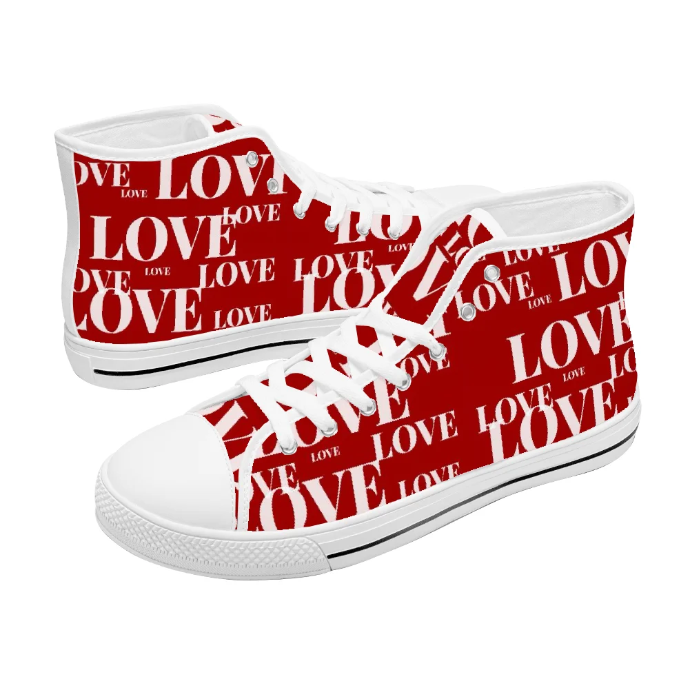 Men Shoes Red - カスタムクラシックハイカットキャンバスシューズ、赤いバレンタインデー柄、スタイリッシュなカジュアルシューズ。