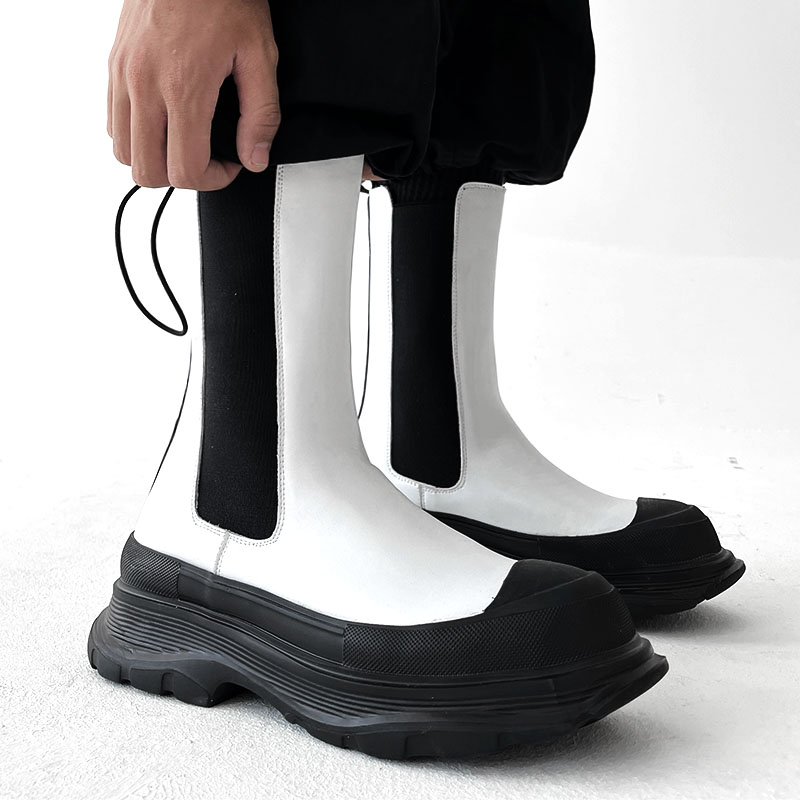 Men Shoes Black - メンズファッションステージナイトクラブプラットフォームブーツ、黒白の靴、カウボーイオリジナルレザーブーツ、春秋用アンクルブーツ、男性用ブーツ