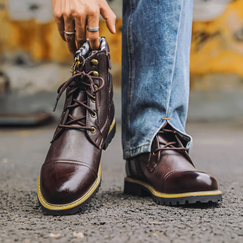 Men Shoes Oxford - ファッション男性革ブーツ金属ダブルジッパーオートバイブーツオックスフォードビジネス男性アンクルブーツ秋冬靴大サイズ 48