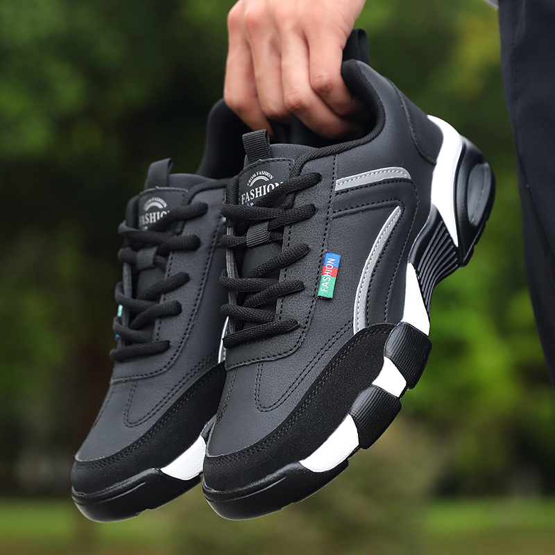 Men'S Shoes Black And White - 2026 新しいメンズクッションカジュアルスニーカーブラックホワイトレザースポーツシューズノンスリップ通気性アウトドアランニングウォーキングシューズ