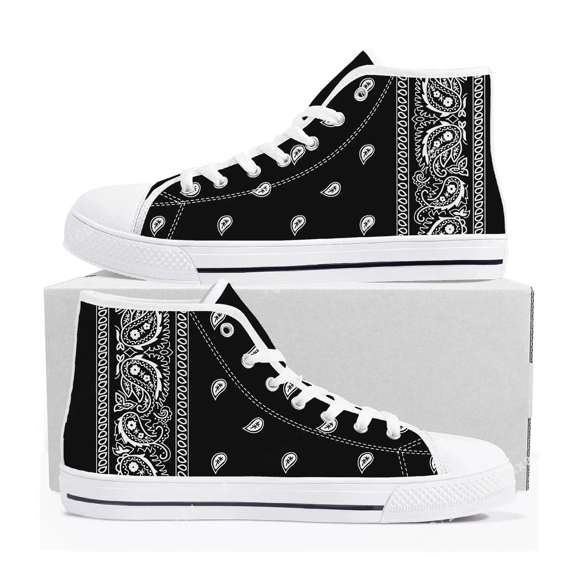 Men'S Shoes Black And White - バンダナペイズリーハイトップスニーカーメンズレディースティーンエイジャーブラックホワイトレッドブルーキャンバススニーカーカップルカジュアルシューズカスタマイズシューズ