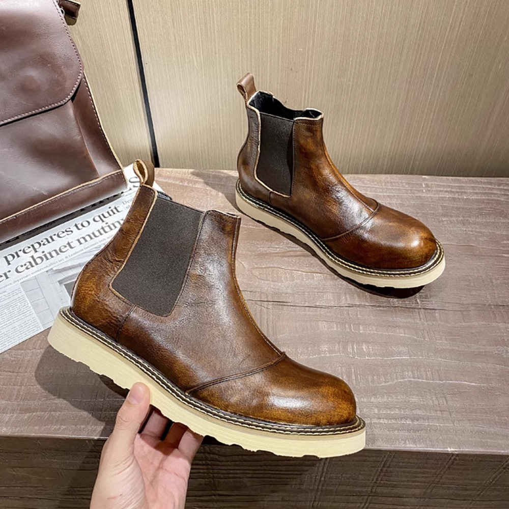 Men Shoes Oxford - レトロメンズ本革チェルシーブーツハイカットレザーシューズアウトドアプラットフォームアンクルウエスタンワークブーツ伸縮性オックスフォード