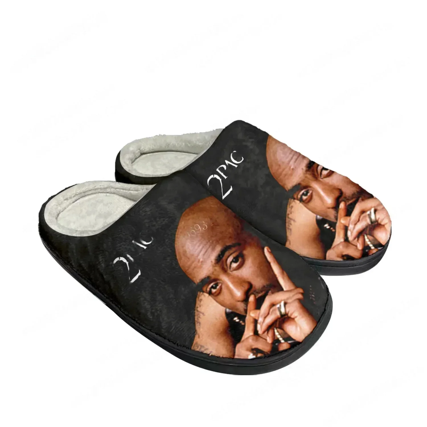Men Shoes Black - 2PacヒップホップラッパーTupacポップホームコットンカスタムスリッパメンズレディースサンダルプラッシュ寝室保温シューズサーマルスリッパブラック