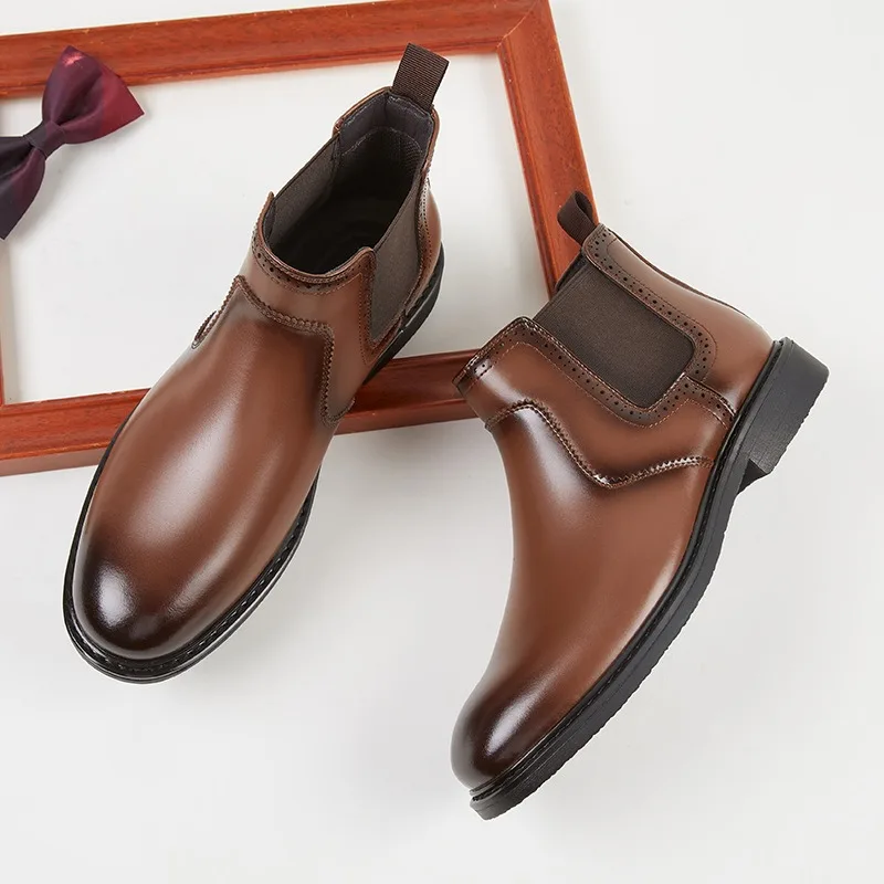 Men Shoes Oxford - ヴィンテージメンズレザーオックスフォードブーツ高級ハンドメイド2026春新作ファッションブリティッシュスタイルラウンドトゥスリッポンアンクルソーシャルシューズ男性用