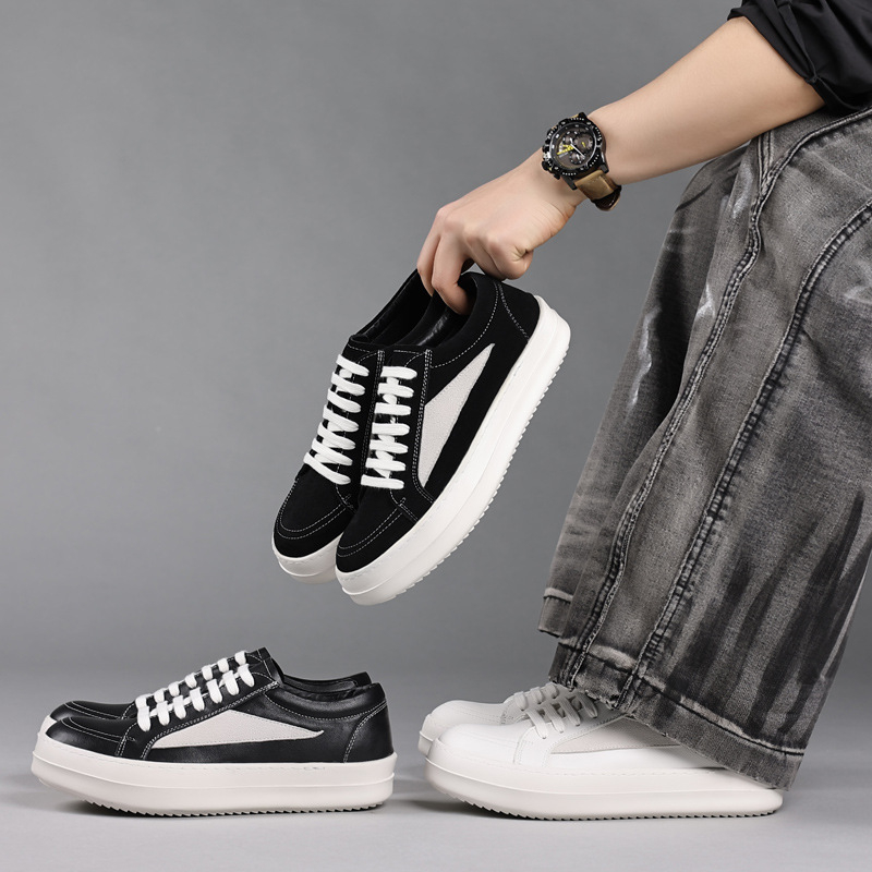 Men'S Shoes Black And White - メンズ ブラック 本革 プラットフォームスニーカー ホワイトスエードアクセント ローカット