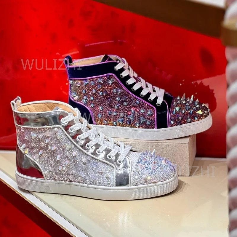 Men Shoes Red - ダークパープルクリスタルリベットメンズスニーカーフラットレースアップレッドソールアンクルスポーツブリンスエードランニングローファーサマーカップルテニスシューズ