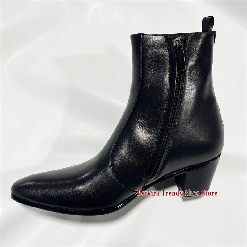 Men'S Shoes Black And White - 英国風牛革6CM厚底チェルシーブーツ 黒白本革サイドジッパーショートブーツ ビジネスドレスシューズ