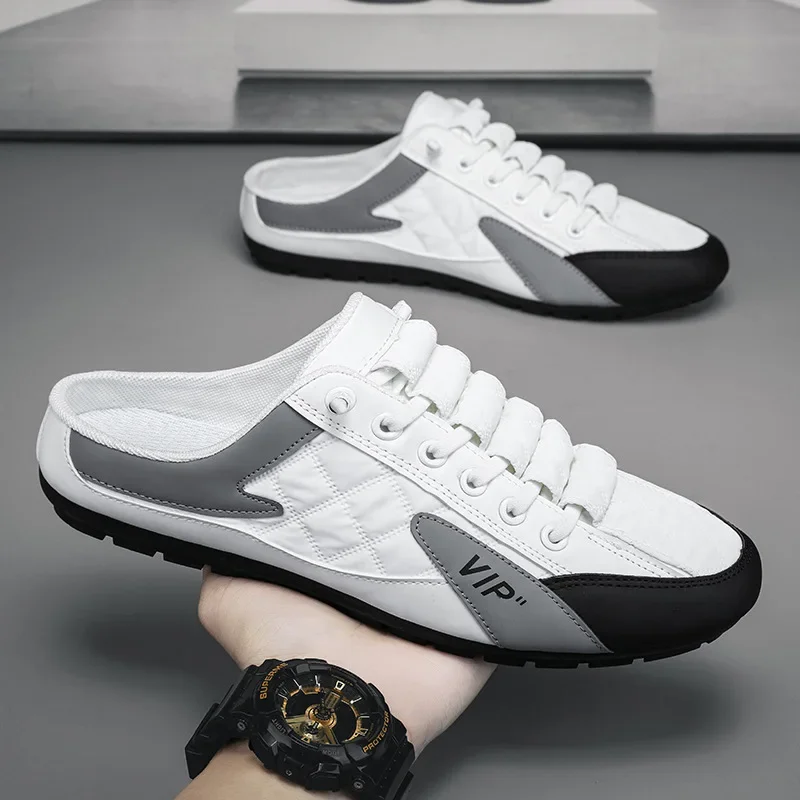 男性用の通気性のあるハーフスリッパ,ローフラットシューズ,軽 - Men'S Shoes With Support のレビューと価格