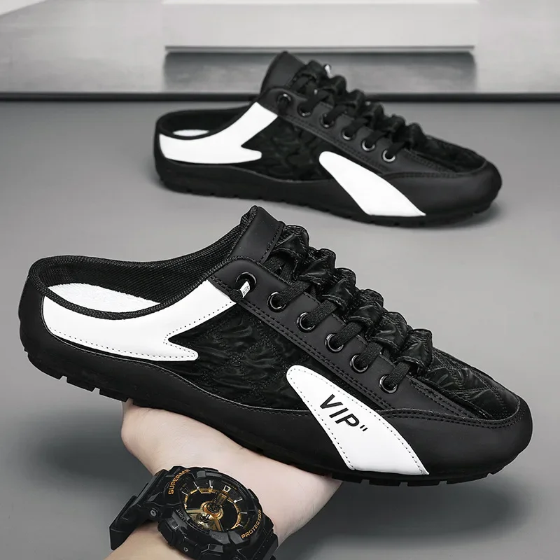 男性用の通気性のあるハーフスリッパ,ローフラットシューズ,軽 - Men'S Shoes With Support のレビューと価格