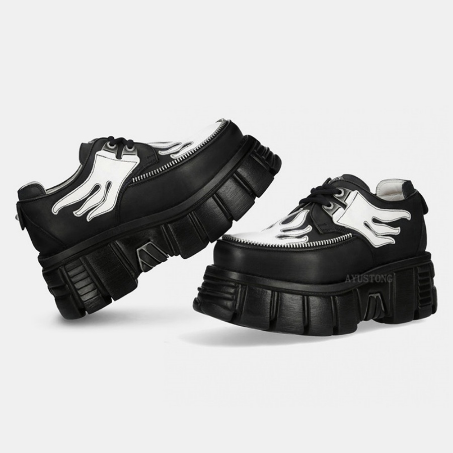 レディース ブラック ホワイト 炎柄プリント レースアップ  - Men'S Shoes Black And White のレビューと価格
