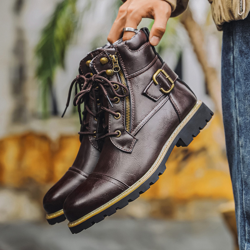 ファッション男性革ブーツ金属ダブルジッパーオートバイブーツオ - Men Shoes Oxford のレビューと価格
