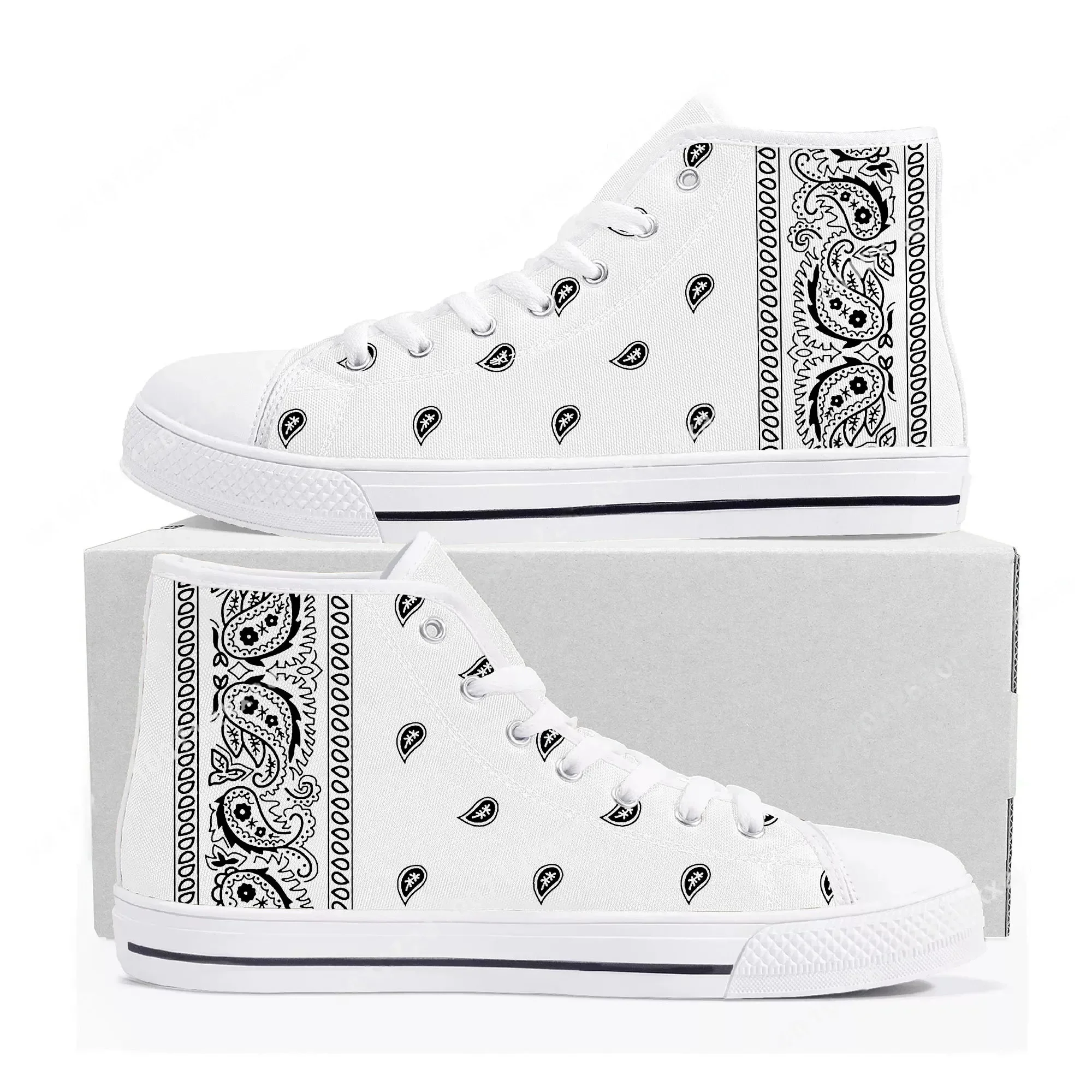 バンダナペイズリーハイトップスニーカーメンズレディースティー - Men'S Shoes Black And White のレビューと価格