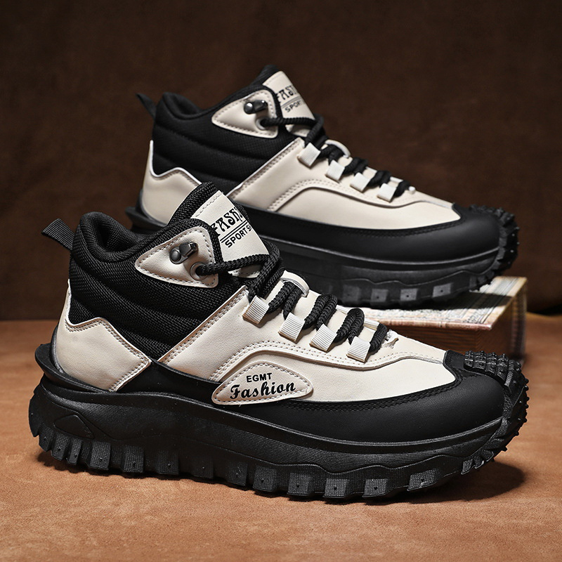 メンズ黒白ミッドトップハイキングブーツ防水レザー プラットフ - Men'S Shoes Black And White のレビューと価格