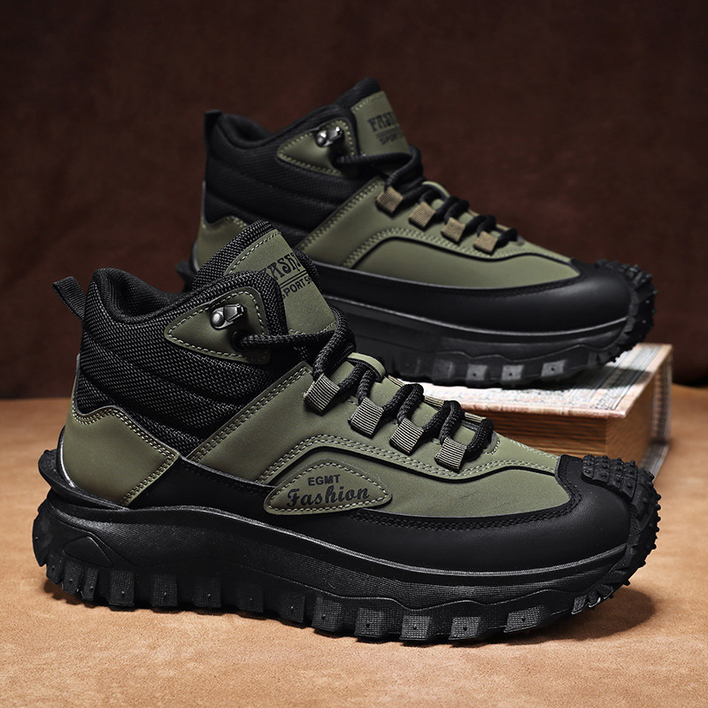 メンズ黒白ミッドトップハイキングブーツ防水レザー プラットフ - Men'S Shoes Black And White のレビューと価格