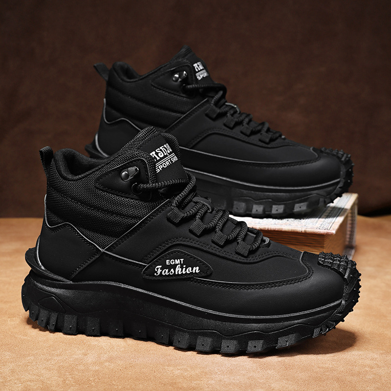 メンズ黒白ミッドトップハイキングブーツ防水レザー プラットフ - Men'S Shoes Black And White のレビューと価格