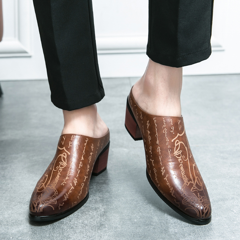 メンズブラウンレザーミュールスリッパレトロレタープリントポイ - Men Shoes Office のレビューと価格