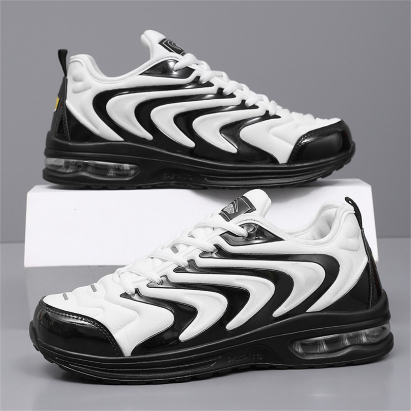 男性黒白波状ストライプエアマックススニーカーフルパーム可視エ - Men'S Shoes Black And White のレビューと価格