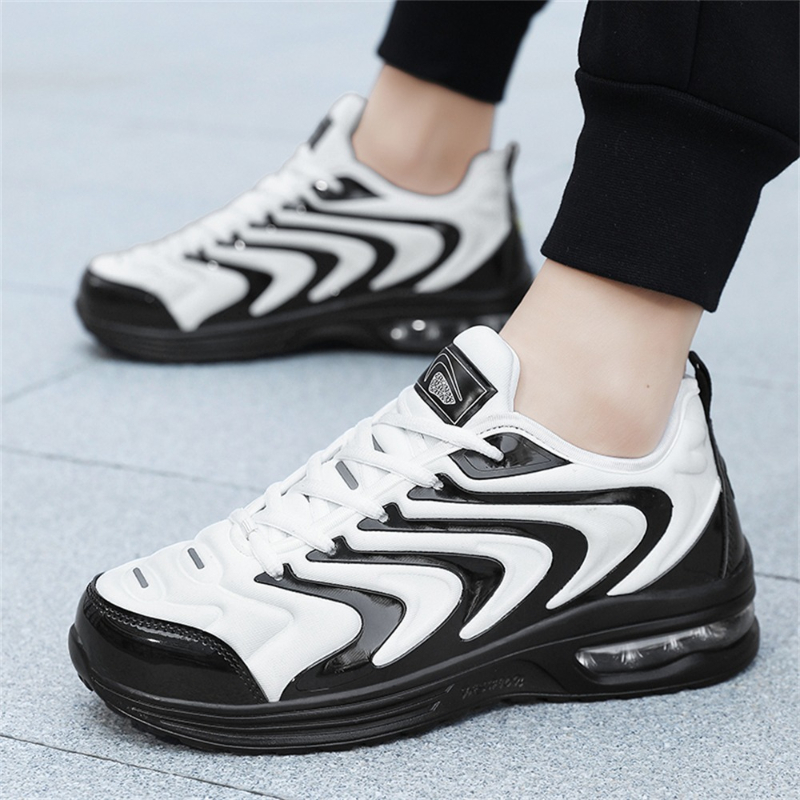 男性黒白波状ストライプエアマックススニーカーフルパーム可視エ - Men'S Shoes Black And White のレビューと価格