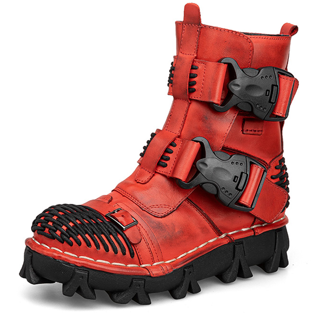 メンズ本革オートバイブーツ、ゴススカルバックルストラップパン - Men Shoes Red のレビューと価格