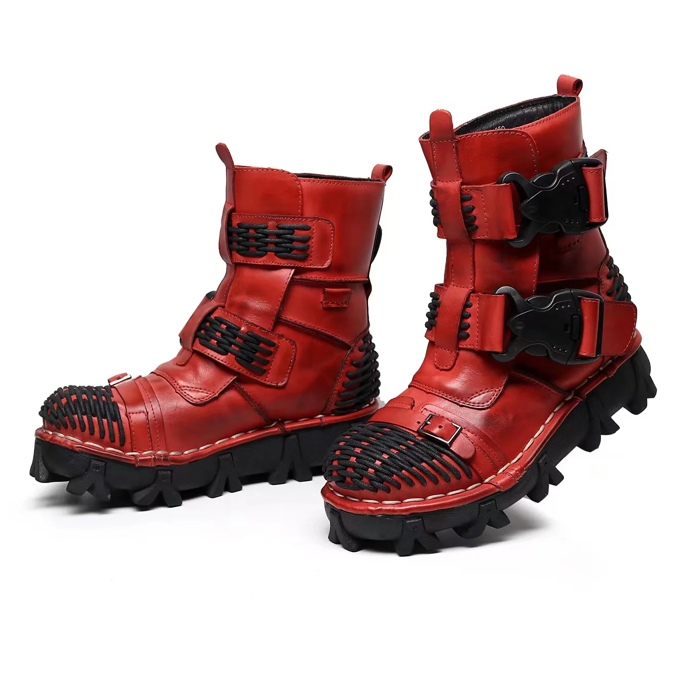 メンズ本革オートバイブーツ、ゴススカルバックルストラップパン - Men Shoes Red のレビューと価格