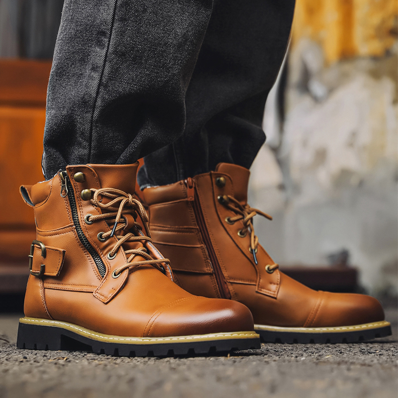 品質の男性の革のブーツ金属ダブルジッパーオートバイのブーツオ - Men Shoes Oxford のレビューと価格