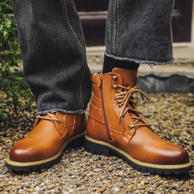 秋冬ファッション男性革ブーツ金属ダブルジッパーオートバイブー - Men Shoes Oxford のレビューと価格