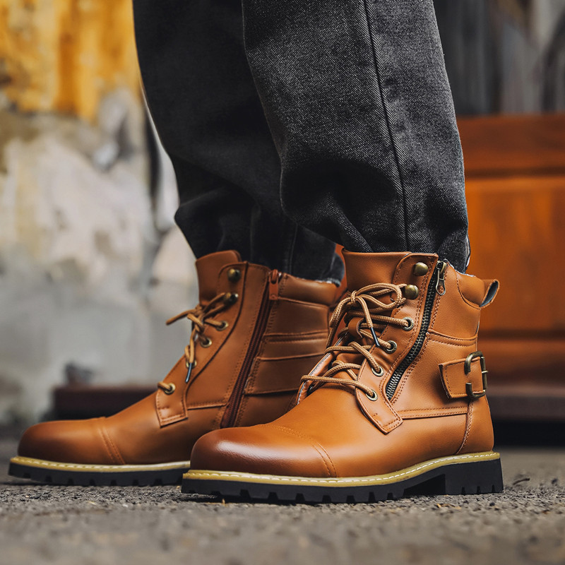 秋冬ファッション男性革ブーツ金属ダブルジッパーオートバイブー - Men Shoes Oxford のレビューと価格