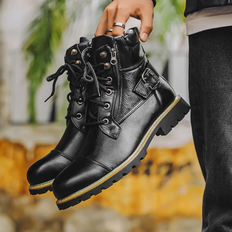 秋冬ファッション男性革ブーツ金属ダブルジッパーオートバイブー - Men Shoes Oxford のレビューと価格